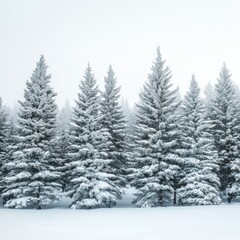 Naklejka premium A tranquil winter scene featuring snow-laden pine trees in a misty, serene landscape.