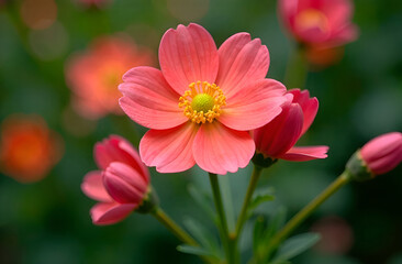 Obraz premium Vibrant pink cosmos flower in bloom with green foliage background