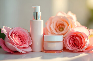 Elegant skincare bottles and cream jar surrounded by soft pink roses