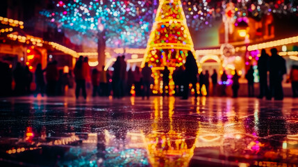 Obraz premium People gathered around Christmas tree decorated with garlands on colourful lights backdrop. Festive winter holidays fun and joy. New Year celebration.