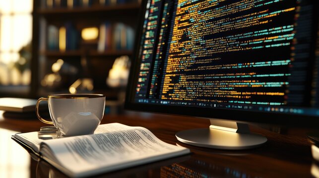Programmer's desk with code on monitor, book, and coffee.