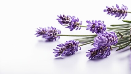 Fototapeta premium Commercial photo with lavender flowers on a white background with space for text.