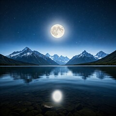 a scenic lake nestled amidst snow-capped Alps, reflecting a vibrant sunrise sky in its tranquil waters