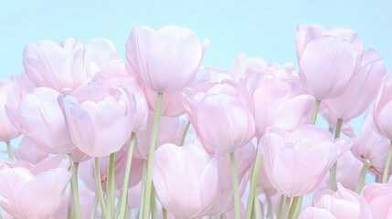 Obraz premium A beautiful field of pastel pink tulips blooming under a clear light blue sky in soft spring light.