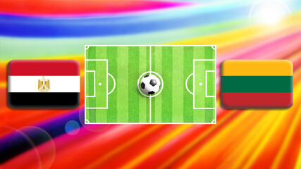 Egypt and Lithuania flag on soccer field with ball.Football match concept against multicolored abstract background.Copy space for text.