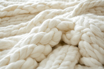 Chunky Knit Blanket Texture: Close-up of a luxurious, creamy white chunky knit blanket, showcasing its soft, textured yarn and intricate cable knit pattern. The image evokes a sense of warmth.