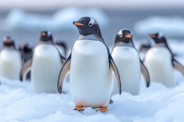 Fototapeta premium Gentoo penguins standing gracefully on icy terrain, showcasing t