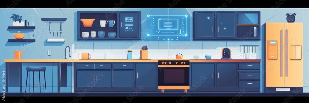 Poster This contemporary kitchen showcases smart appliances and an efficient layout, emphasizing function and style in everyday cooking. Generative AI