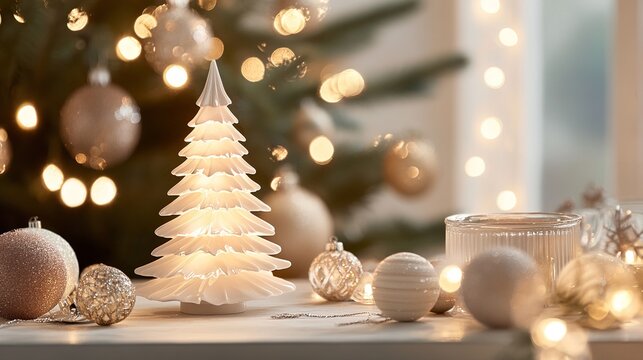 Minimalist Christmas Table Setting with Blurred Glowing Tree and Festive Decor in Background