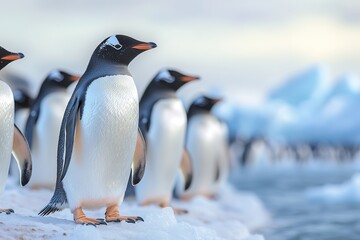 Fototapeta premium Gentoo penguins standing on icy shore, showcasing unique pattern