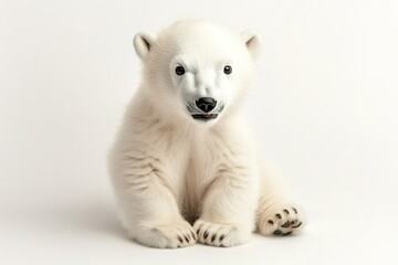 Adorable young polar bear sitting against clean white background