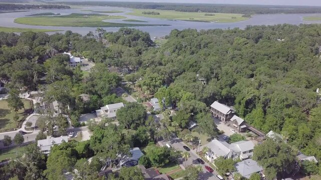 Aerial flyover of the historic district and coastline of Bluffton, South Carolina USA.