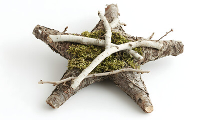 Fototapeta premium Rustic wooden star decoration with moss and twigs. Perfect for autumn or winter decor. Natural, handcrafted, and charming.