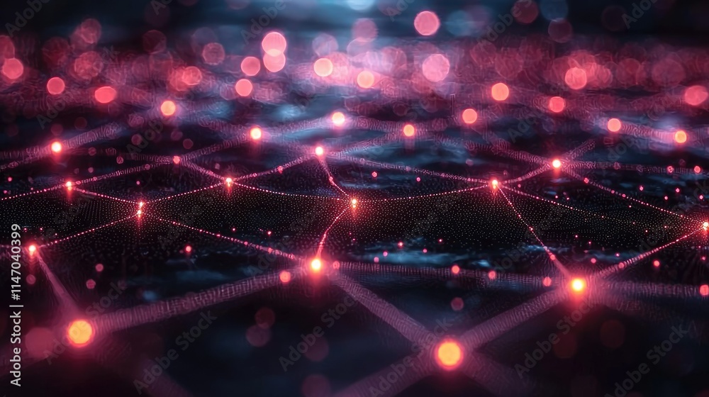 Poster abstract digital network with glowing nodes and connections, representing technology and data flow.