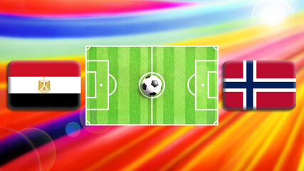 Egypt and Norway flag on soccer field with ball.Football match concept against multicolored abstract background.Copy space for text.