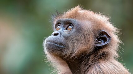 Obraz premium Close-up portrait of a young gibbon looking upwards.