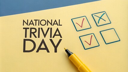 National Trivia Day in bold simple text on a solid color background with geometric shapes, close-up with bright neutral lighting
