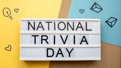 National Trivia Day in bold simple text on a solid color background with geometric shapes, close-up with bright neutral lighting