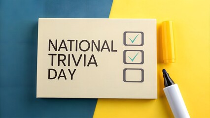 National Trivia Day in bold simple text on a solid color background with geometric shapes, close-up with bright neutral lighting