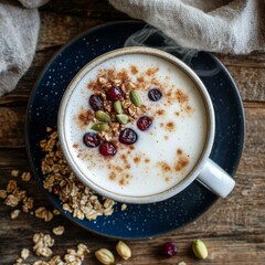 Delicious warm beverage topped with granola and dried fruits served in a rustic setting during a cozy morning
