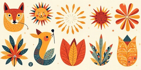 Obraz premium Colorful Autumnal Design with Cute Animals and Flowers