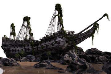 3D rendered fantasy stranded pirate ship as a backdrop with transparent background  © HWWO Stock