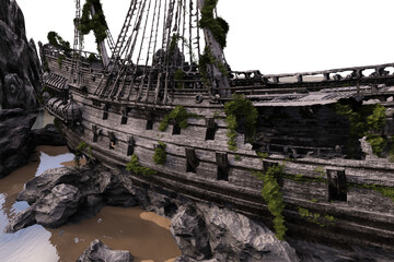 Naklejka premium 3D rendered fantasy stranded pirate ship as a backdrop with transparent background 