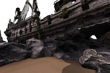 3D rendered fantasy stranded pirate ship as a backdrop with transparent background	