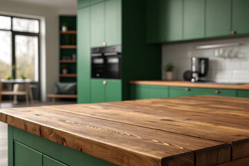 Empty beautiful wood tabletop counter on interior in clean and bright kitchen background