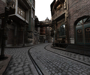 3D rendered steampunk cityscape isolated on transparent background