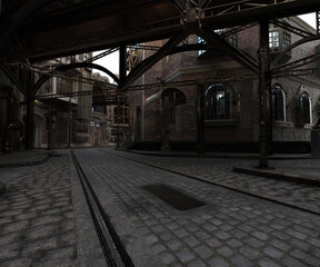 3D rendered steampunk cityscape isolated on transparent background