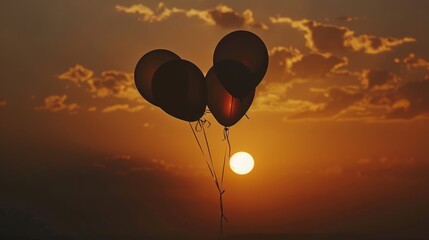 Bold silhouette of balloons against the backdrop of a setting sun