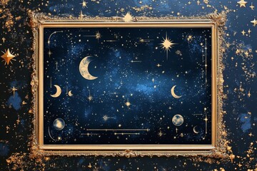 Obraz premium Gold frame, celestial scene, stars, moons, dark blue.