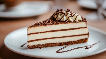 A tempting slice of cheesecake with chocolate drizzle and cream topping, served on a white plate in a warm cafe ambiance.