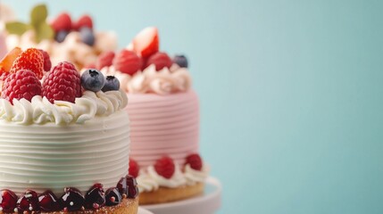 Delicious mini cakes topped with fresh berries and cream, perfect for dessert, celebration, or bakery themes.