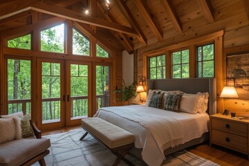 Large bedroom with a wooden floor and a white bed with a white comforter. Banner