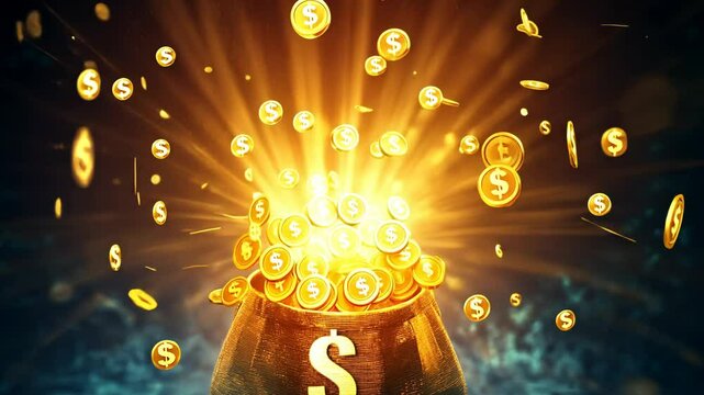 A radiant money bag bursting open, with gold coins pouring picture