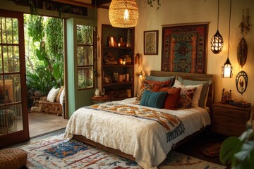 Bedroom with a white bed and a rug with a blue and red design. Banner