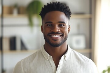 Happy African American man posing for headshot at home office.