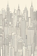 Fototapeta premium Dense city skyline, sketched, black lines.