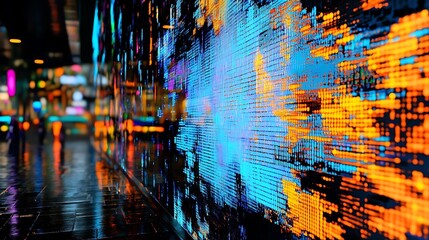 Vibrant Cityscape: Neon-Lit Digital Wall in Blue and Orange