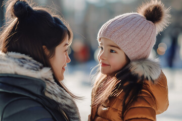 A young mother and her cute daughter are skating. Winter outdoor recreation. Winter sports. Relationship between mother and daughter. Family holiday in winter.