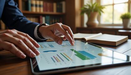 Engaging in data analysis with a tablet in a cozy library setting during the afternoon