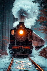 Winter Wonderland Train with Snowfall and Golden Glow. Steam Train Traveling Through a Snowy Winter Forest