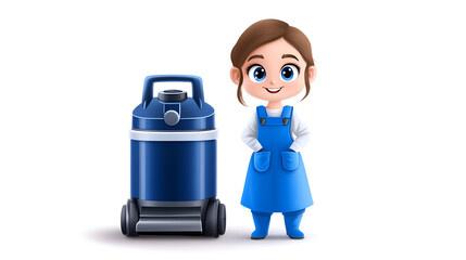 A cheerful cartoon character in blue overalls stands beside a large vacuum cleaner, representing cleaning and maintenance.