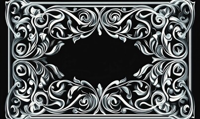 Ornate silver frame, black background, floral design.