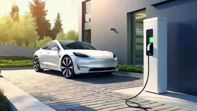 Generic electric vehicle EV hybrid car is being charged from wall charger on contemporary modern residential building house
