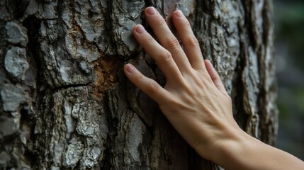 Hand touching textured tree bark close-up outdoor connection nature man trunk