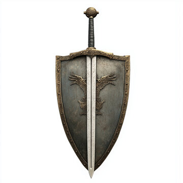 Medieval sword and shield on an isolated white background 