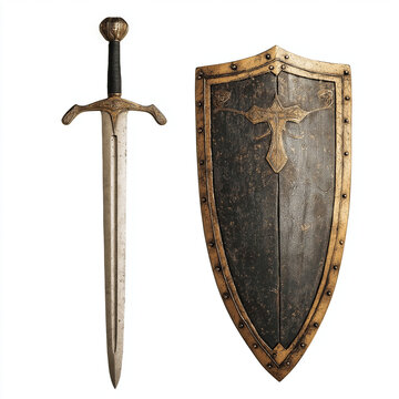 medieval shield and sword on an isolated white background 